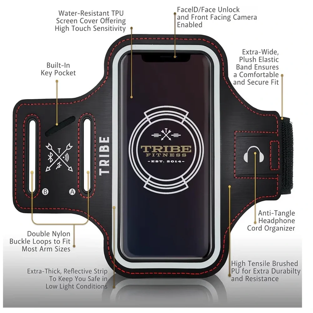 Tribe Water Resistant Cell Phone Armband Case Running Holder in Black/Red
